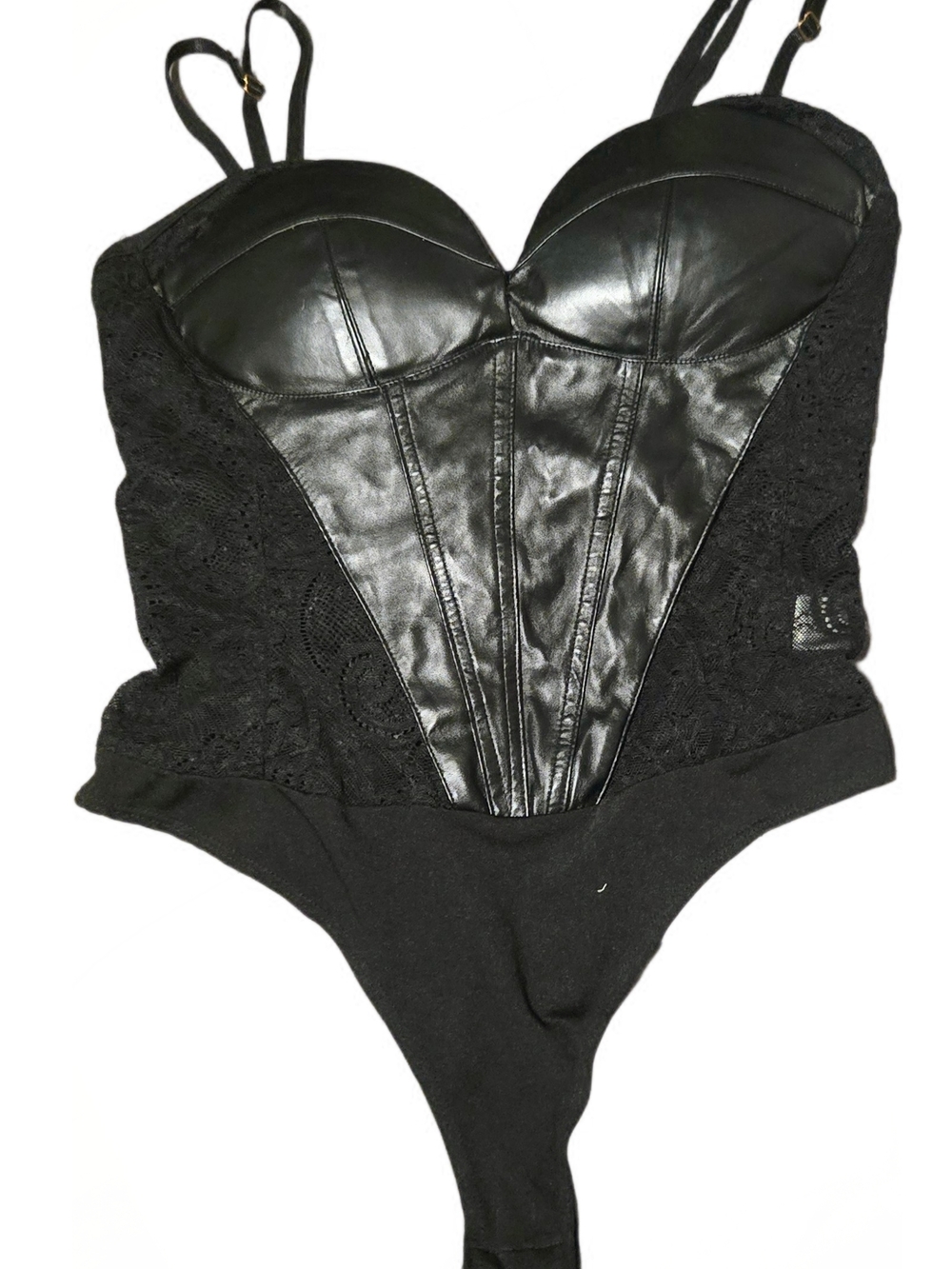 Black Faux Leather & Lace Bustier Bodysuit